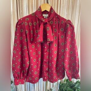 Vintage 1980s Koret Petites Red & brown Patterned secretary Blouse w/ Bow Tie